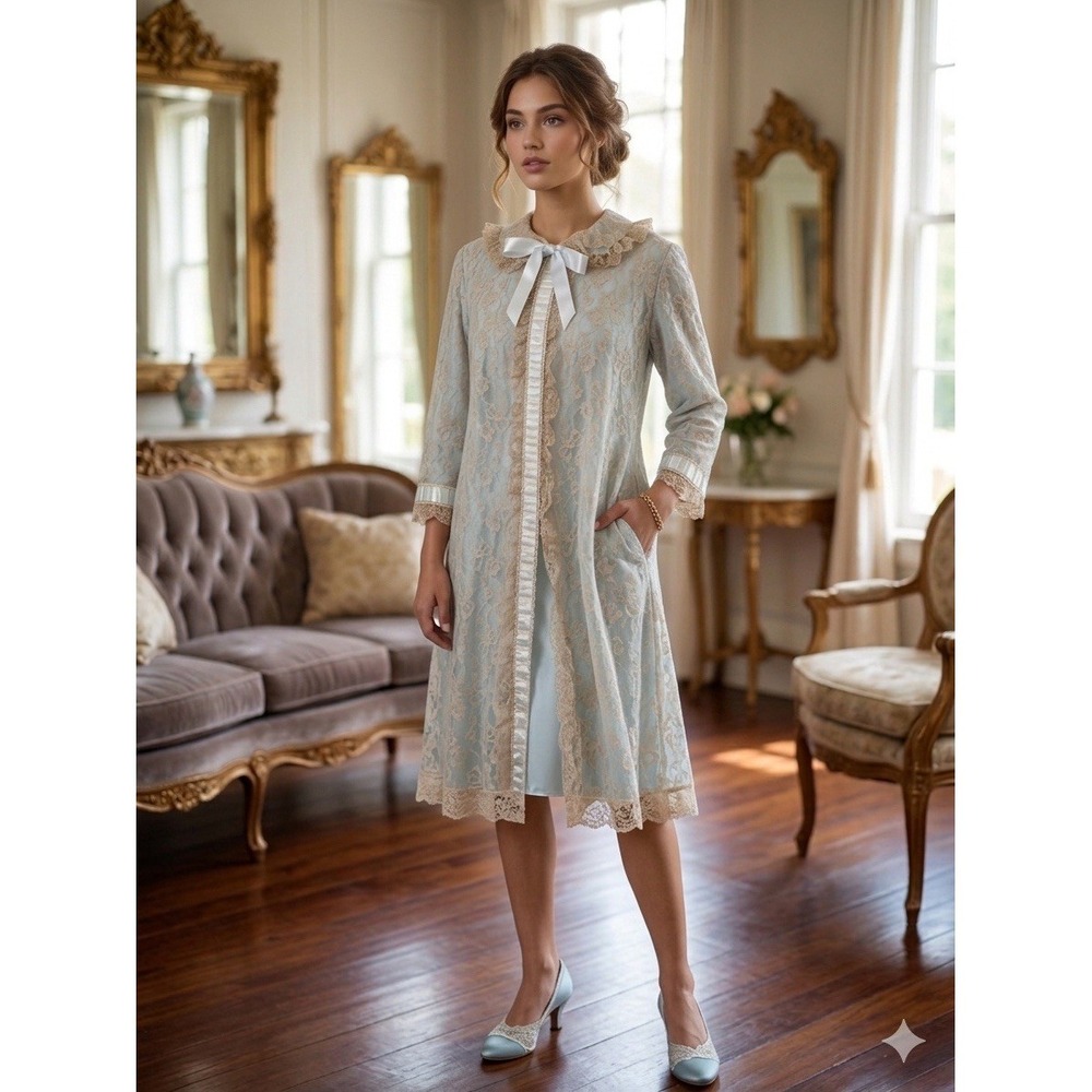 Vtg Odette Barsa Duster Gown M Lace Peignoir Robe Regencycore Royalcore‎